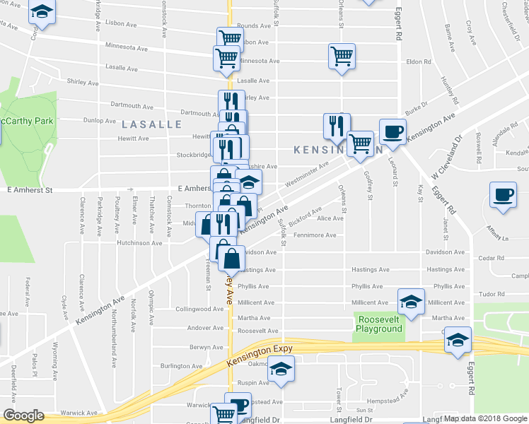 map of restaurants, bars, coffee shops, grocery stores, and more near 1180 Kensington Avenue in Buffalo