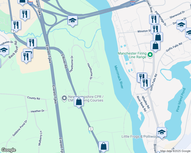 map of restaurants, bars, coffee shops, grocery stores, and more near 66 Hawthorne Drive in Bedford