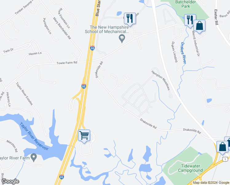 map of restaurants, bars, coffee shops, grocery stores, and more near 237 Drakeside Road in Hampton