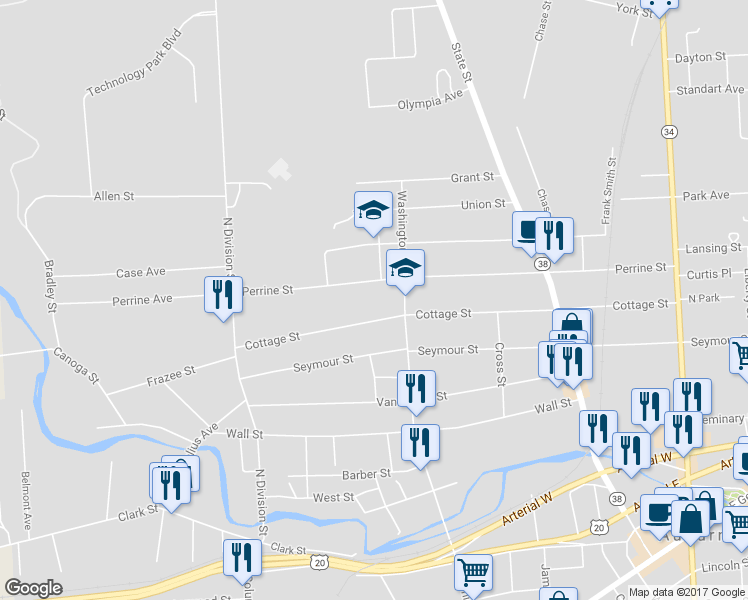 map of restaurants, bars, coffee shops, grocery stores, and more near 124 Perrine Street in Auburn