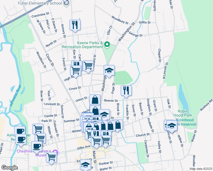 map of restaurants, bars, coffee shops, grocery stores, and more near 181 Washington Street in Keene