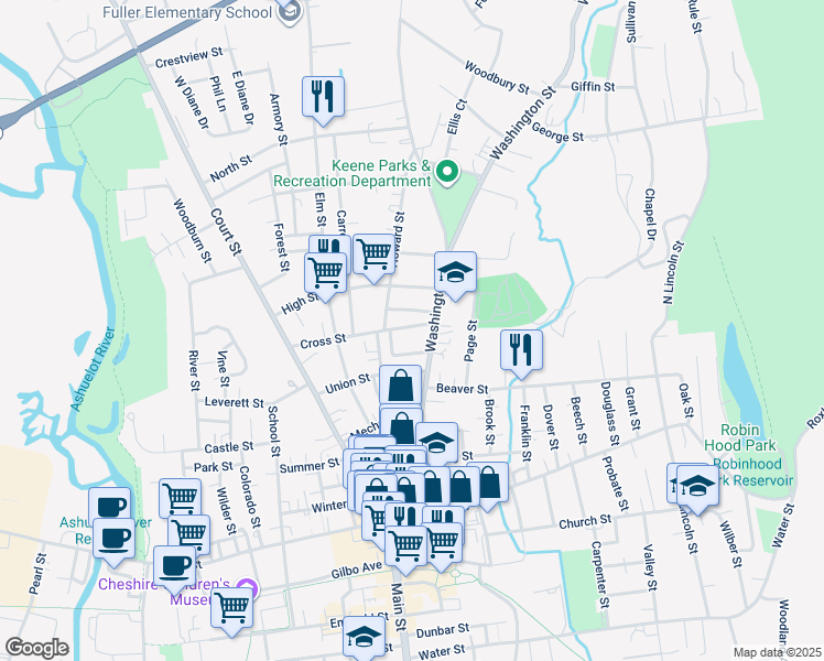 map of restaurants, bars, coffee shops, grocery stores, and more near 22 Cross Street in Keene