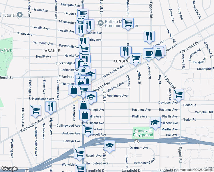 map of restaurants, bars, coffee shops, grocery stores, and more near 1215 Kensington Avenue in Buffalo