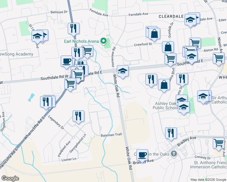 map of restaurants, bars, coffee shops, grocery stores, and more near 3077 White Oak Road in London