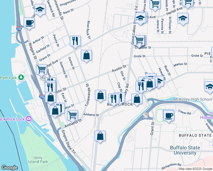 map of restaurants, bars, coffee shops, grocery stores, and more near 267 Austin St in Buffalo