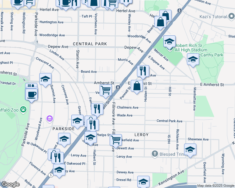 map of restaurants, bars, coffee shops, grocery stores, and more near 2637 Main Street in Buffalo