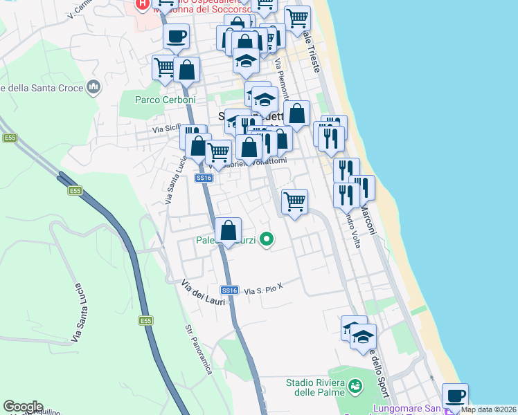 map of restaurants, bars, coffee shops, grocery stores, and more near 13 Via del Tiziano in San Benedetto del Tronto