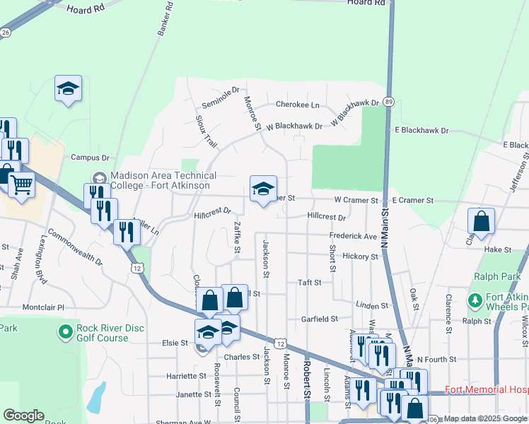 map of restaurants, bars, coffee shops, grocery stores, and more near 821 Monroe Street in Fort Atkinson