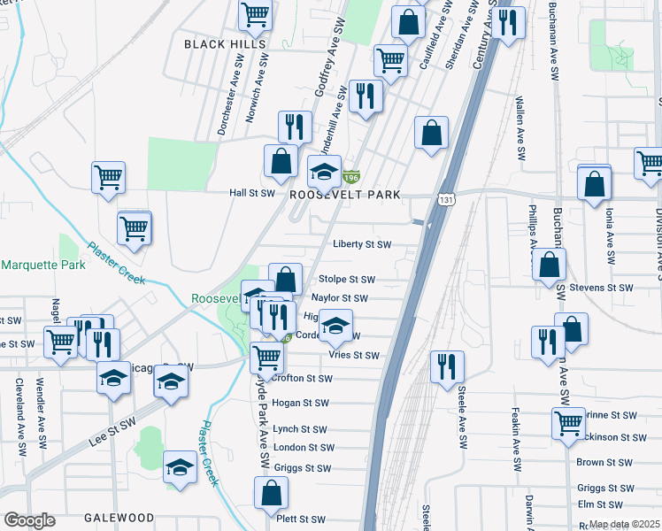 map of restaurants, bars, coffee shops, grocery stores, and more near 636 Olympia Street Southwest in Grand Rapids