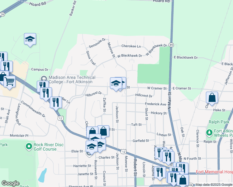 map of restaurants, bars, coffee shops, grocery stores, and more near 821 Monroe Street in Fort Atkinson
