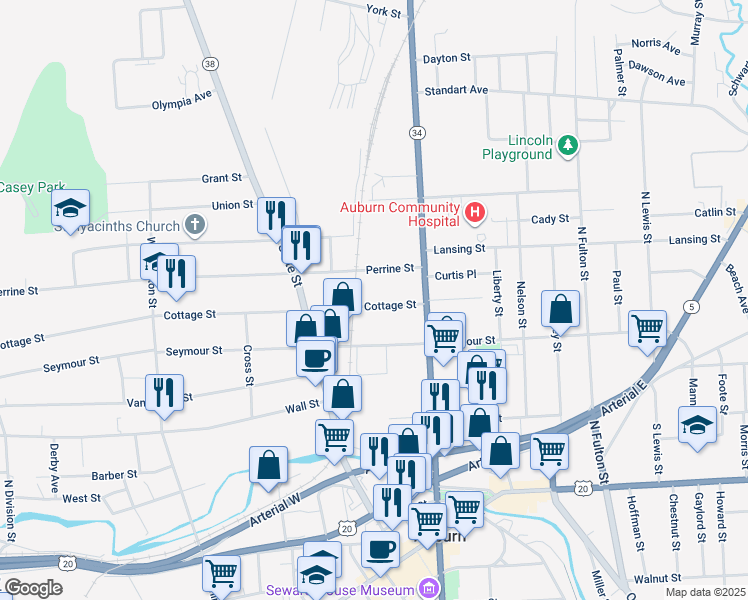 map of restaurants, bars, coffee shops, grocery stores, and more near 19 Cottage Street in Auburn