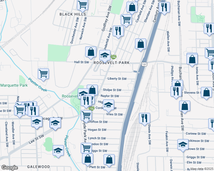 map of restaurants, bars, coffee shops, grocery stores, and more near 636 Olympia Street Southwest in Grand Rapids