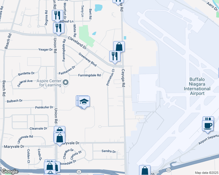 map of restaurants, bars, coffee shops, grocery stores, and more near 110 Princeton Court in Buffalo