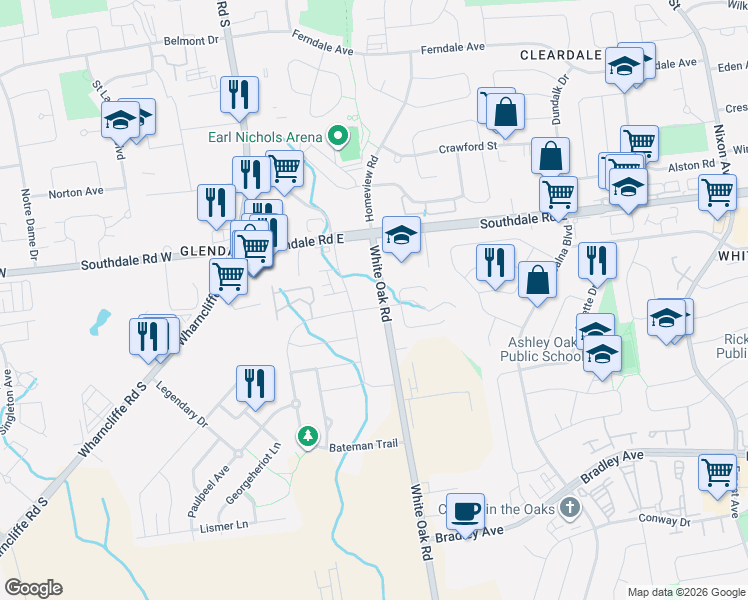 map of restaurants, bars, coffee shops, grocery stores, and more near 3077 White Oak Road in London