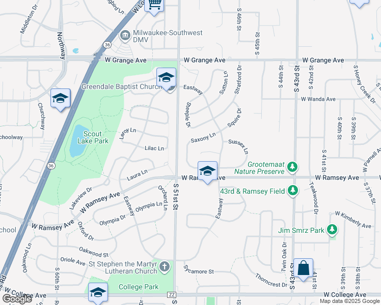 map of restaurants, bars, coffee shops, grocery stores, and more near 5010 Saxony Lane in Greendale