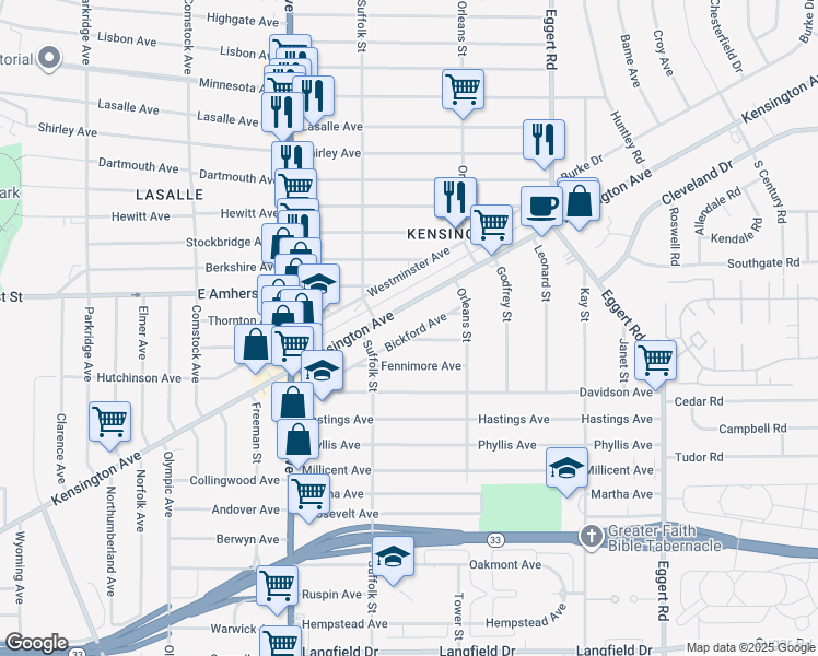 map of restaurants, bars, coffee shops, grocery stores, and more near 126 Bickford Avenue in Buffalo