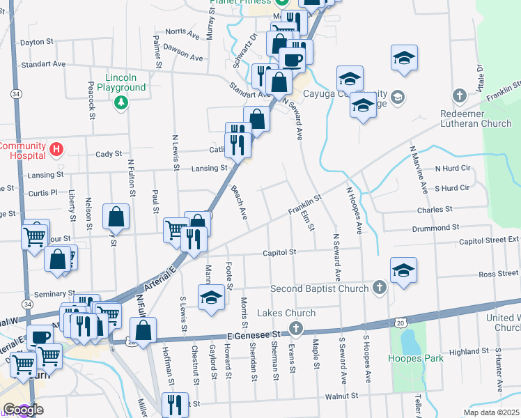 map of restaurants, bars, coffee shops, grocery stores, and more near 6 Beach Avenue in Auburn