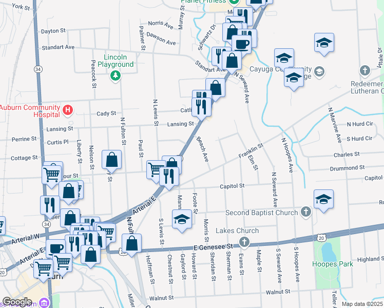map of restaurants, bars, coffee shops, grocery stores, and more near 64 Grant Avenue in Auburn