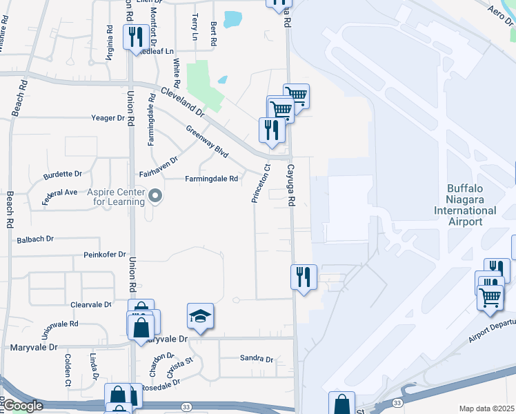 map of restaurants, bars, coffee shops, grocery stores, and more near 110 Princeton Court in Buffalo