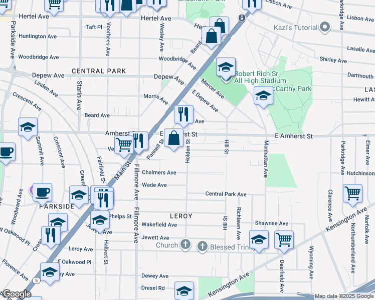 map of restaurants, bars, coffee shops, grocery stores, and more near 212 Holden Street in Buffalo