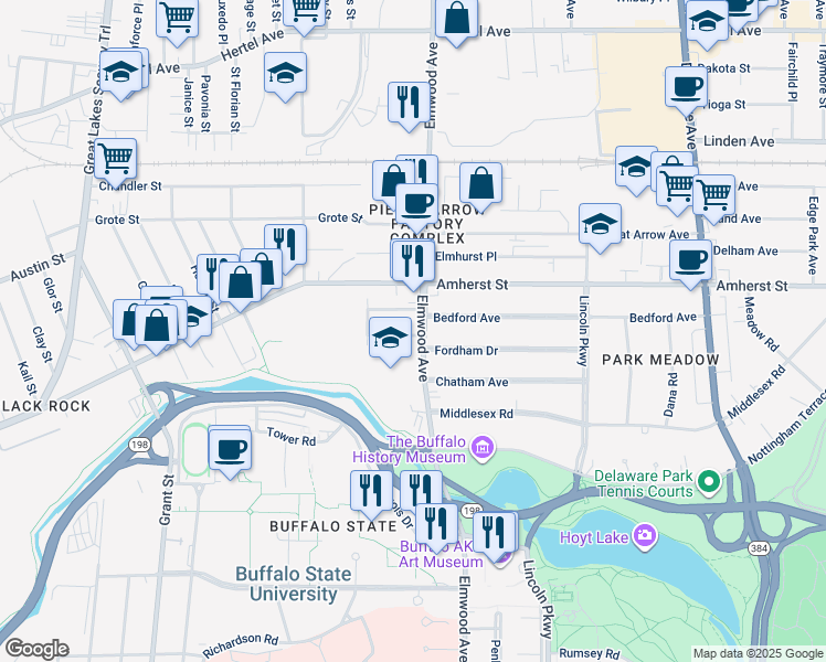 map of restaurants, bars, coffee shops, grocery stores, and more near 1550 Elmwood Avenue in Buffalo
