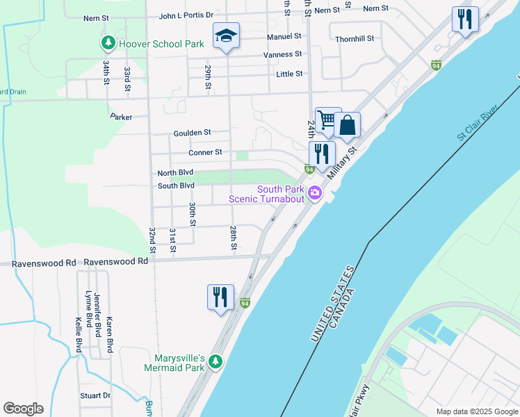 map of restaurants, bars, coffee shops, grocery stores, and more near 2636 Peavey Street in Port Huron