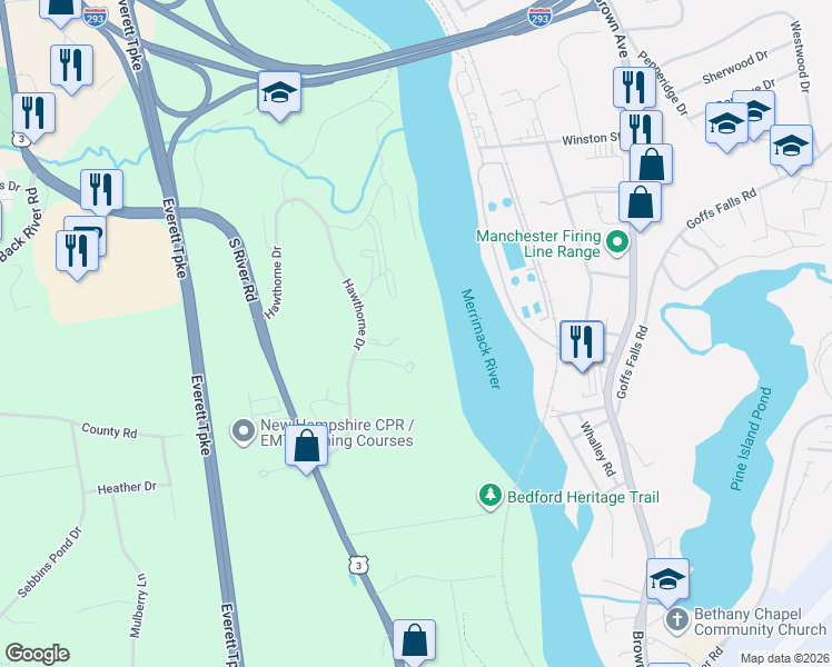 map of restaurants, bars, coffee shops, grocery stores, and more near 66 Hawthorne Drive in Bedford