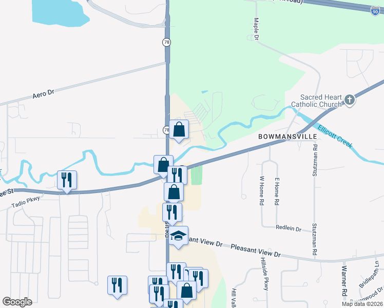 map of restaurants, bars, coffee shops, grocery stores, and more near 5176 Genesee Street in Bowmansville