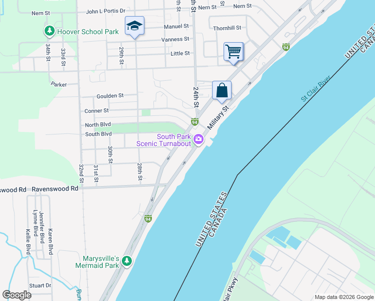map of restaurants, bars, coffee shops, grocery stores, and more near 3815 Military Street in Port Huron