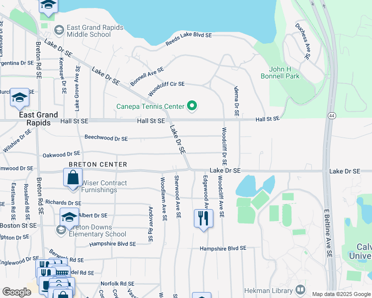 map of restaurants, bars, coffee shops, grocery stores, and more near 2915 Lake Drive Southeast in East Grand Rapids