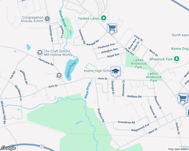 map of restaurants, bars, coffee shops, grocery stores, and more near 63 Arch Street in Keene