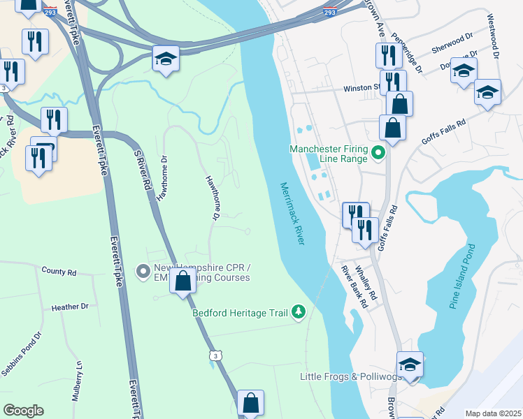 map of restaurants, bars, coffee shops, grocery stores, and more near 70 Hawthorne Drive South in Bedford