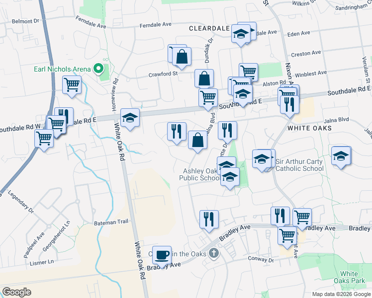 map of restaurants, bars, coffee shops, grocery stores, and more near 102 Kristina Crescent in London
