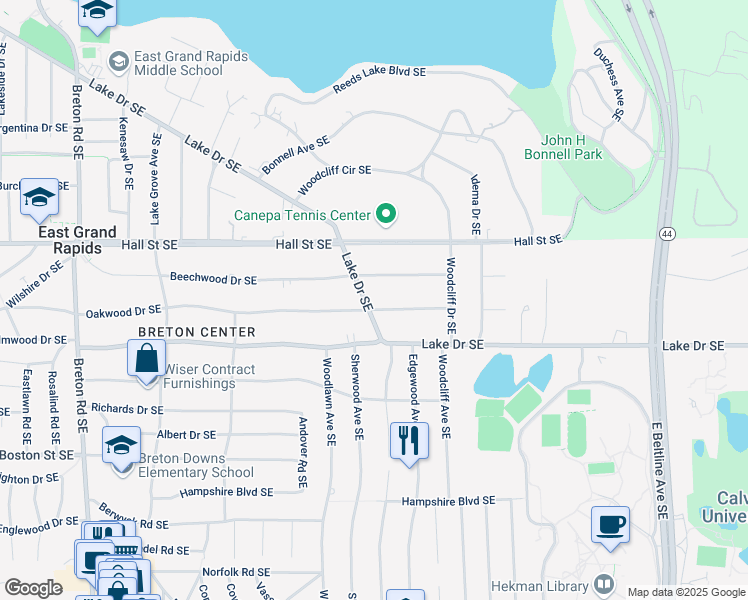 map of restaurants, bars, coffee shops, grocery stores, and more near 2915 Lake Drive Southeast in East Grand Rapids