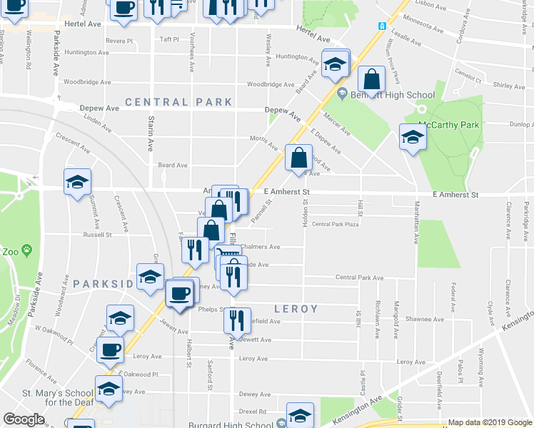 map of restaurants, bars, coffee shops, grocery stores, and more near 33 Pannell Street in Buffalo