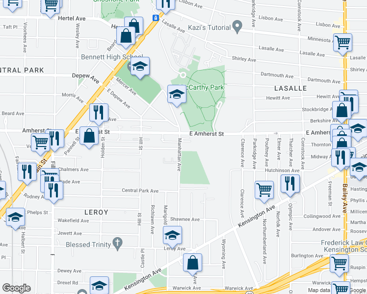 map of restaurants, bars, coffee shops, grocery stores, and more near 235 Manhattan Avenue in Buffalo