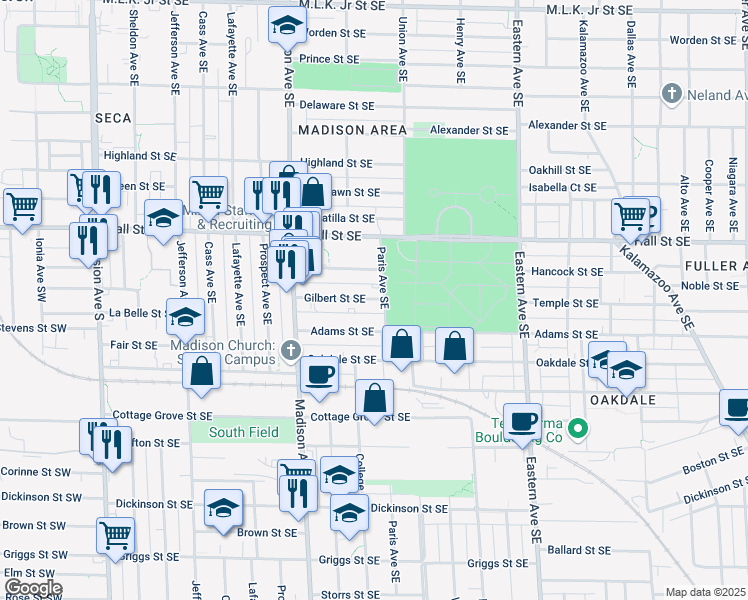 map of restaurants, bars, coffee shops, grocery stores, and more near 518 Gilbert Street Southeast in Grand Rapids