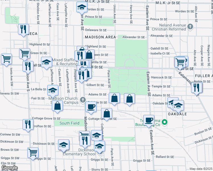map of restaurants, bars, coffee shops, grocery stores, and more near 518 Gilbert Street Southeast in Grand Rapids