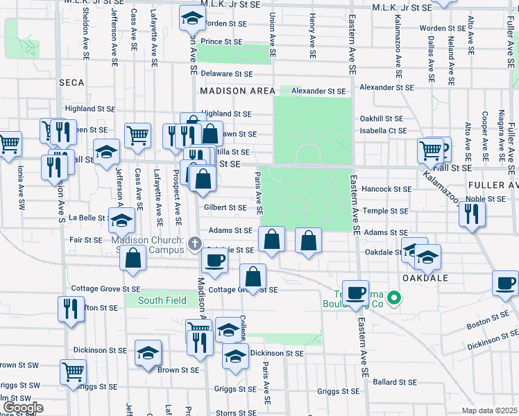 map of restaurants, bars, coffee shops, grocery stores, and more near 599 Gilbert Street Southeast in Grand Rapids