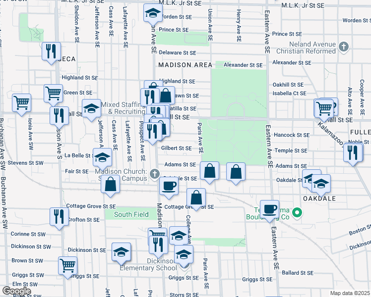 map of restaurants, bars, coffee shops, grocery stores, and more near 400 Gilbert Street Southeast in Grand Rapids