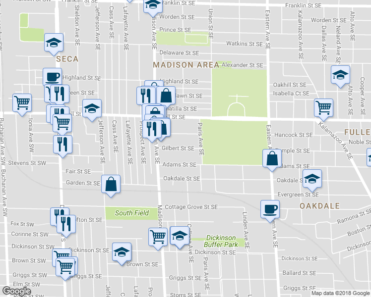 map of restaurants, bars, coffee shops, grocery stores, and more near 456 Gilbert Street Southeast in Grand Rapids