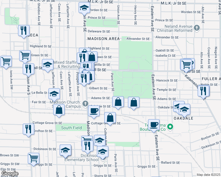 map of restaurants, bars, coffee shops, grocery stores, and more near 529 Gilbert Street Southeast in Grand Rapids