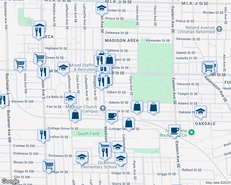 map of restaurants, bars, coffee shops, grocery stores, and more near 438 Gilbert Street Southeast in Grand Rapids