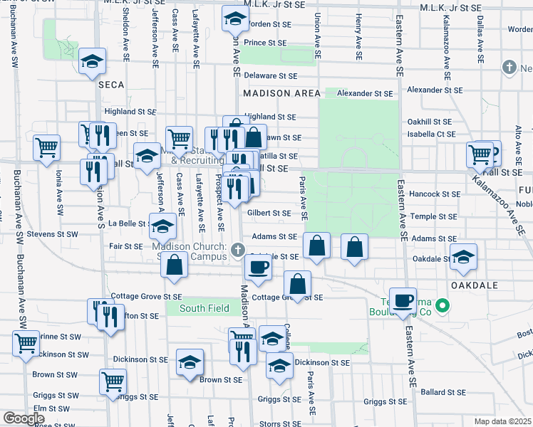 map of restaurants, bars, coffee shops, grocery stores, and more near 436 Gilbert Street Southeast in Grand Rapids
