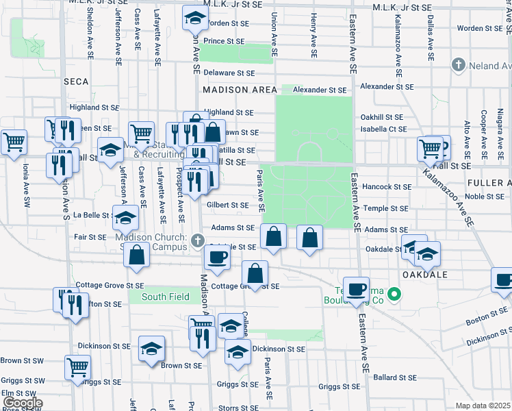 map of restaurants, bars, coffee shops, grocery stores, and more near 529 Gilbert Street Southeast in Grand Rapids