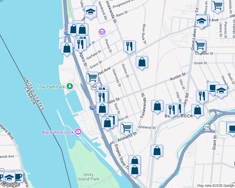 map of restaurants, bars, coffee shops, grocery stores, and more near 98 Austin Street in Buffalo