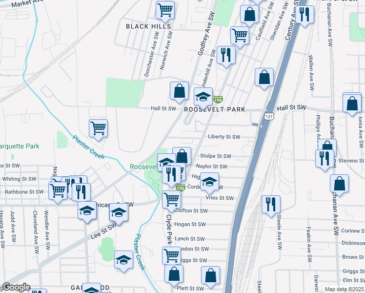 map of restaurants, bars, coffee shops, grocery stores, and more near 733 Olympia Street Southwest in Grand Rapids