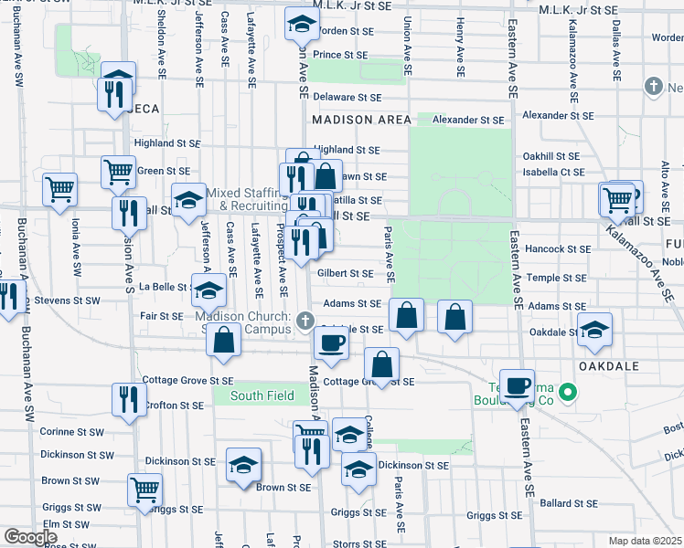 map of restaurants, bars, coffee shops, grocery stores, and more near 436 Gilbert Street Southeast in Grand Rapids