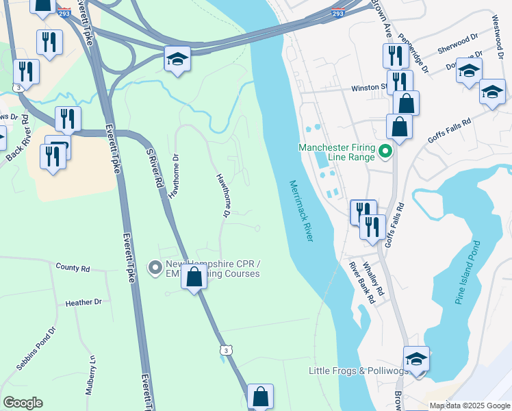 map of restaurants, bars, coffee shops, grocery stores, and more near 66 Hawthorne Drive in Bedford