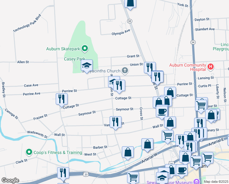 map of restaurants, bars, coffee shops, grocery stores, and more near 134 Washington Street in Auburn